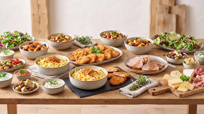 Schwäbisches Buffet mit Spätzle, Schnitzel, Braten und Gemüse